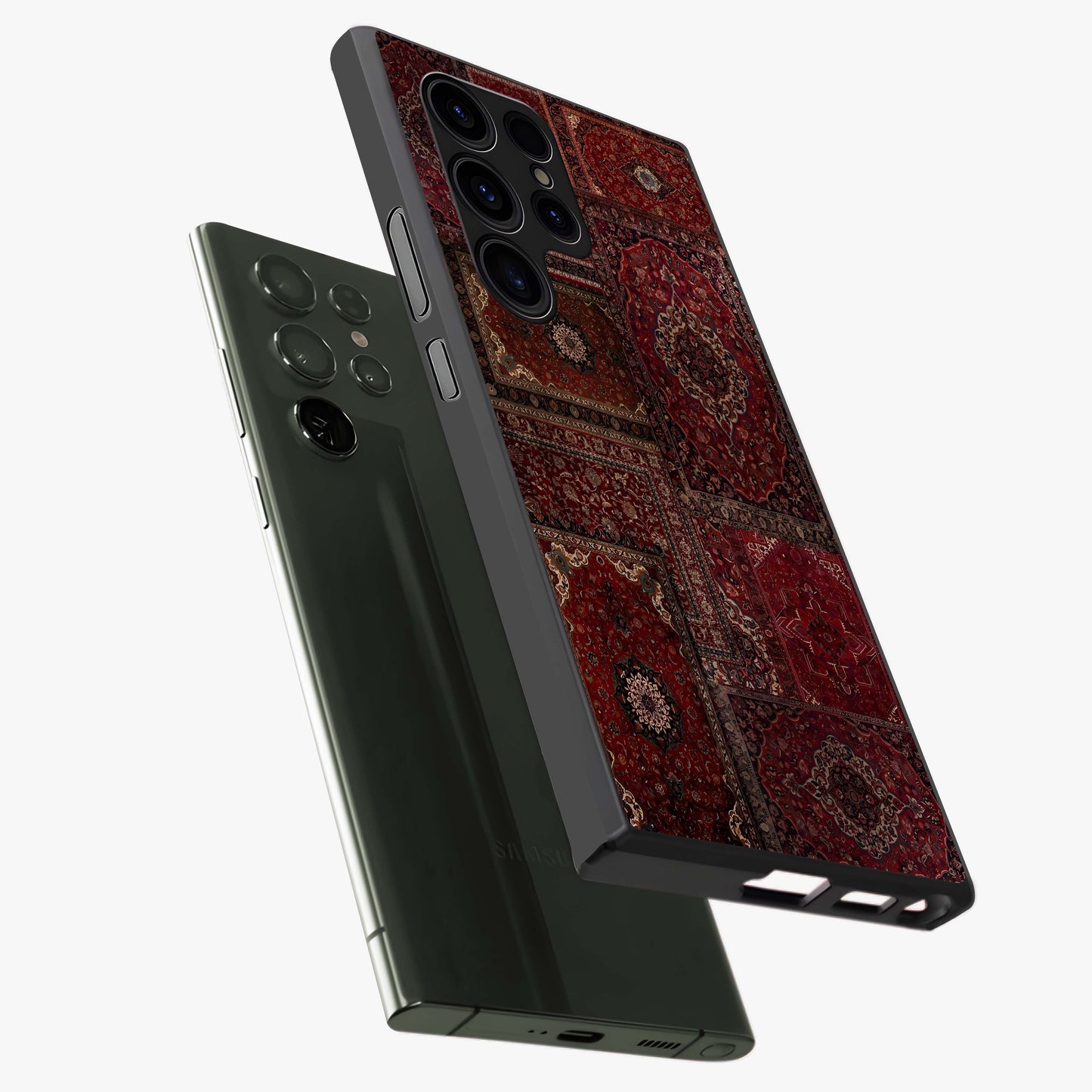 Persian Velvet Tale Glass Case displayed in angled mockup highlighting ornate textile inspired design with royal aesthetic.