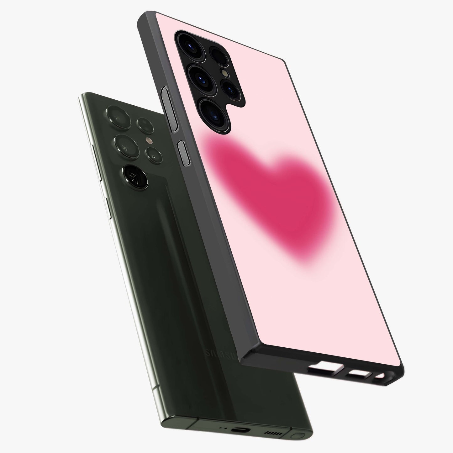 Pink Aura Heart Glass Case displayed in angled mockup highlighting vibrant pink heart design with dreamy aura aesthetic.