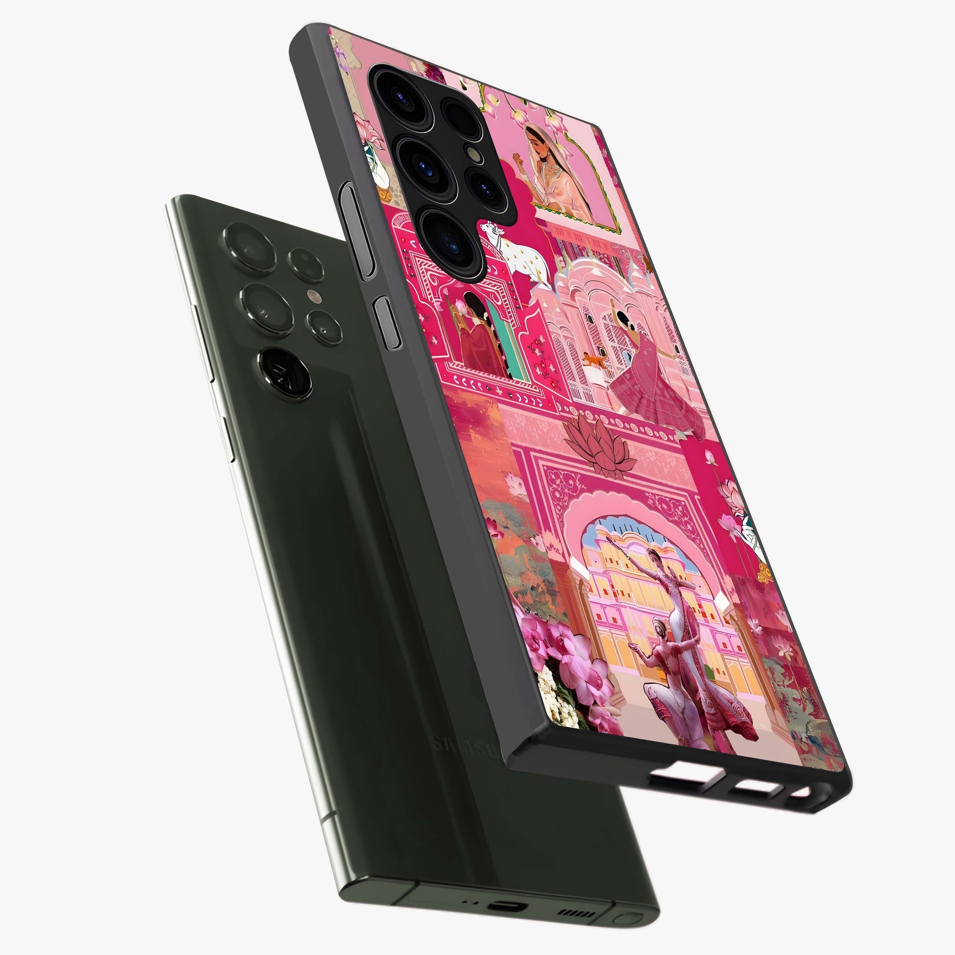 Pink Palace Muse Glass Case displayed in angled mockup highlighting dreamy palace illustration with soft pink aesthetic.