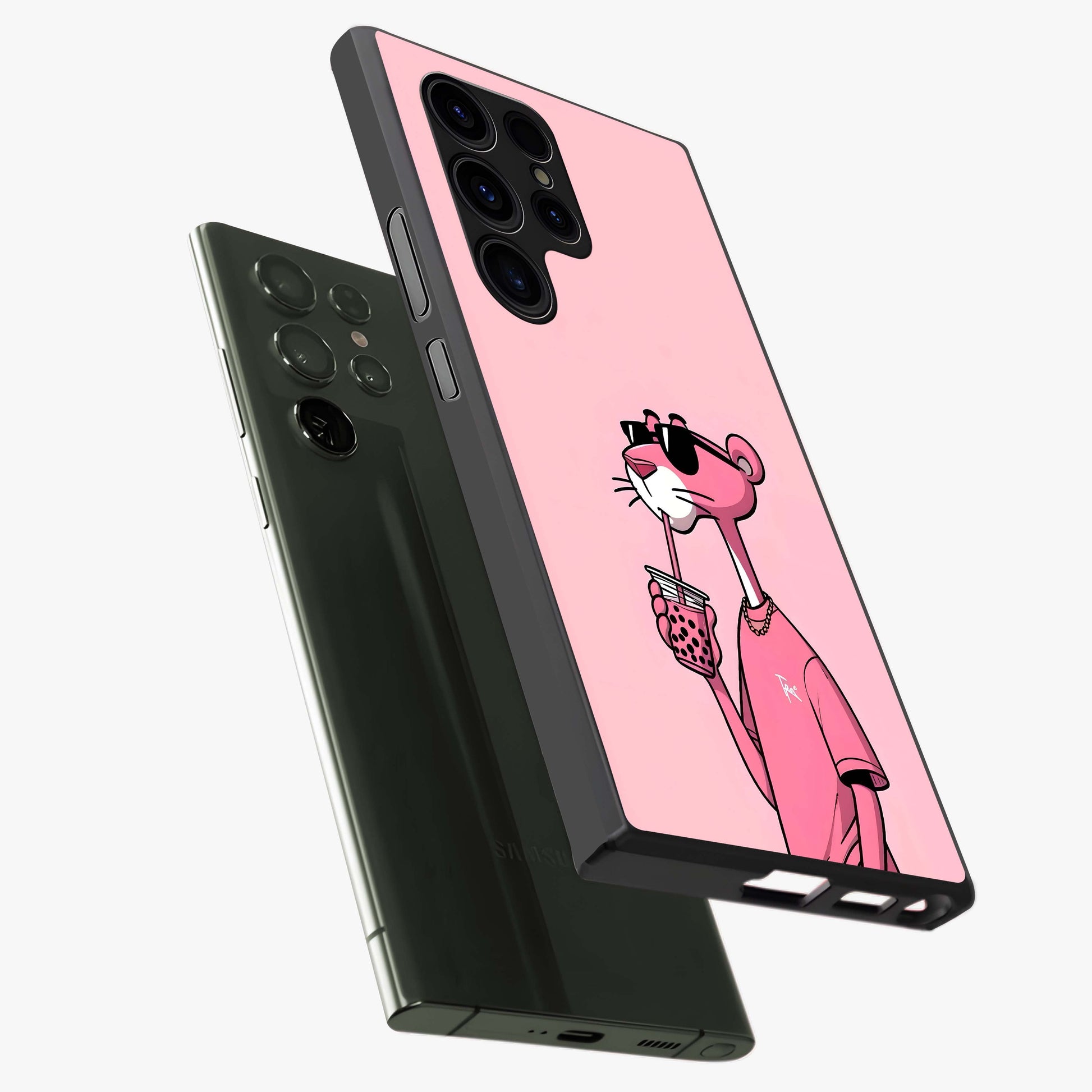 Pink Panther Glass Case displayed in angled mockup highlighting playful cartoon character design with vibrant pink aesthetic.