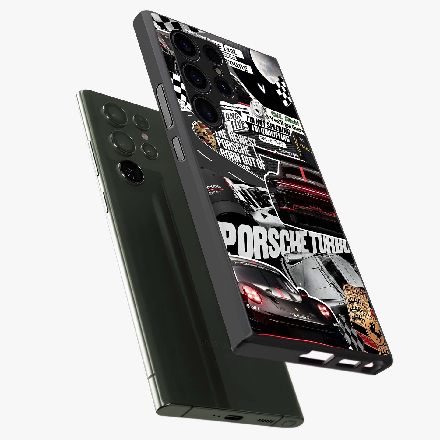 Porsche Racing Collage Glass Case displayed in angled mockup highlighting dynamic automotive design with bold racing aesthetic.
