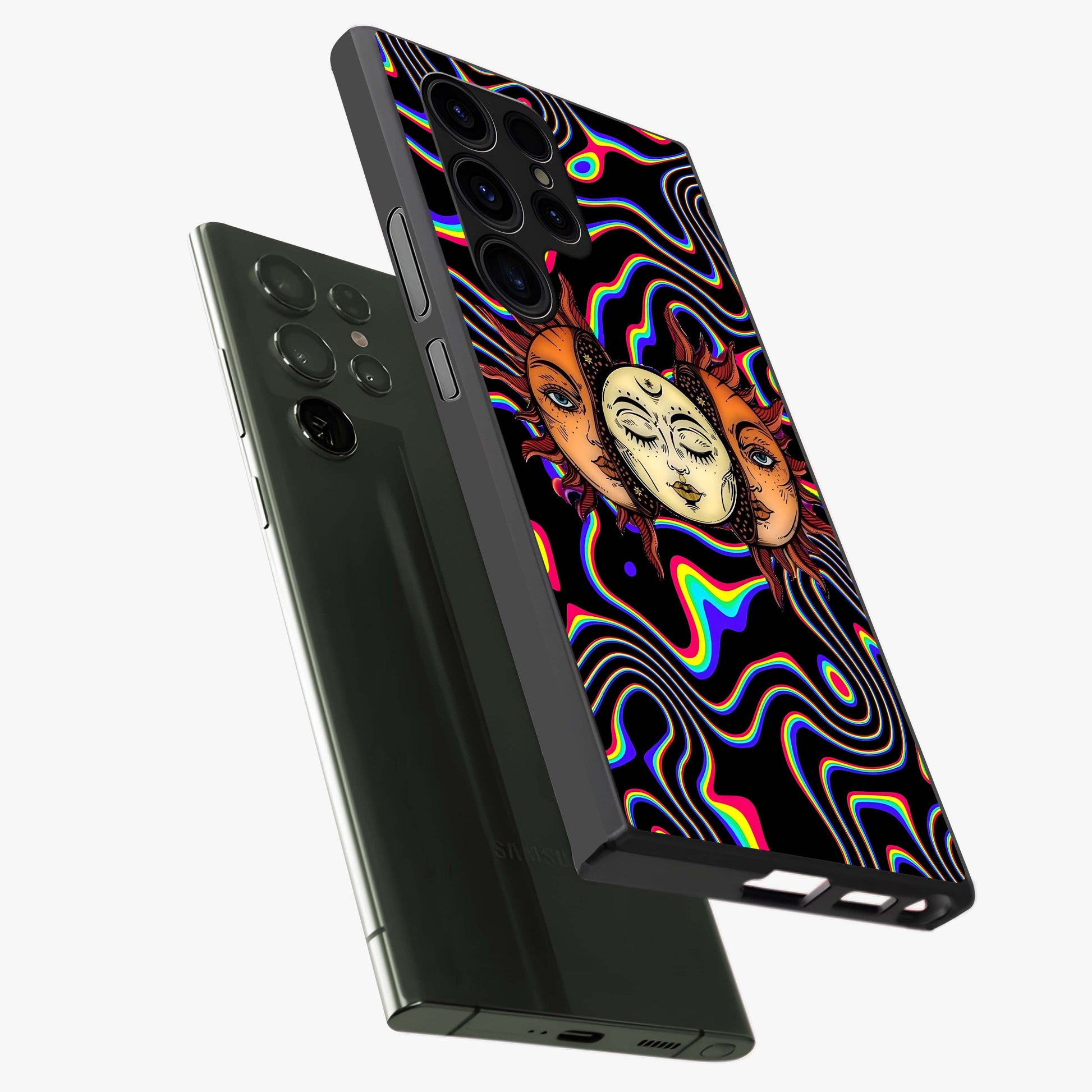 Psychedelic Sun Glass Case displayed in angled mockup highlighting vibrant abstract sun design with artistic aesthetic style.