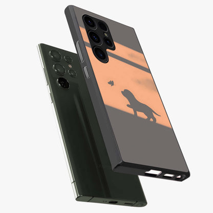 Puppy Shadow Art Glass Case displayed in angled mockup highlighting playful dog illustration with artistic shadow aesthetic.