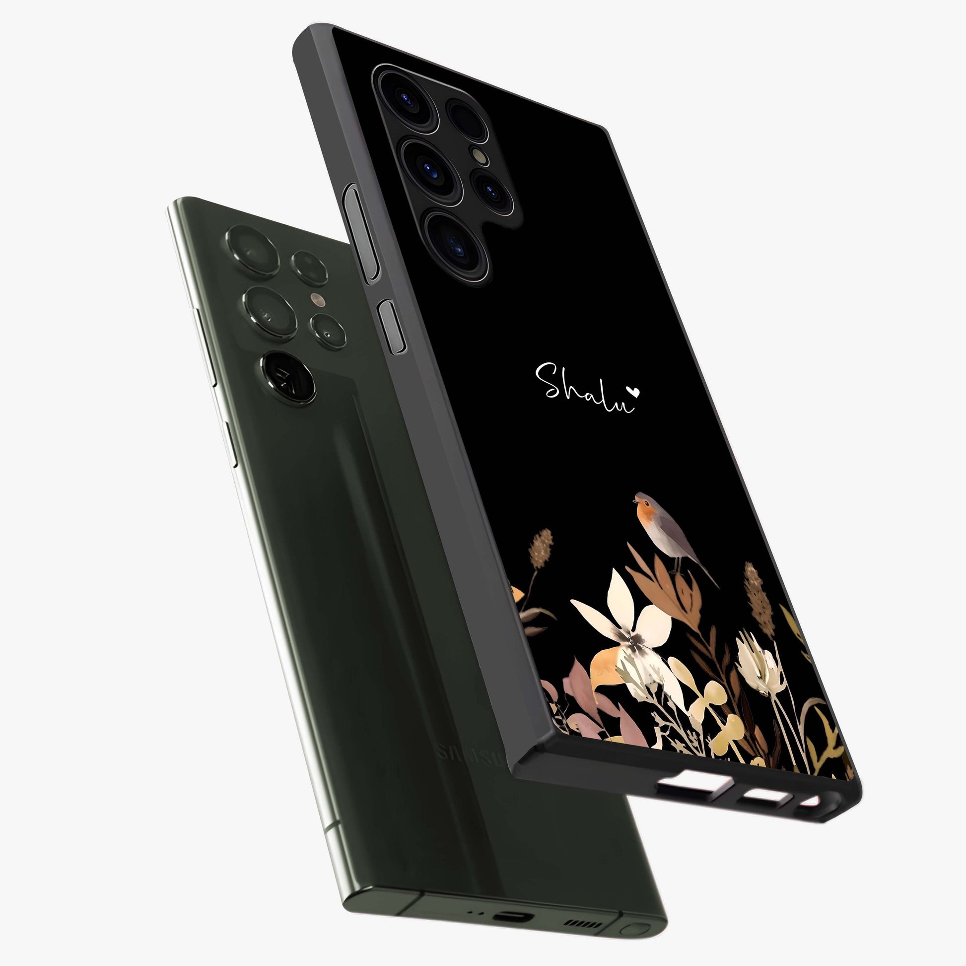 Quiet Garden Tune Custom Name Glass Case displayed in angled mockup highlighting delicate floral garden design with custom name feature.
