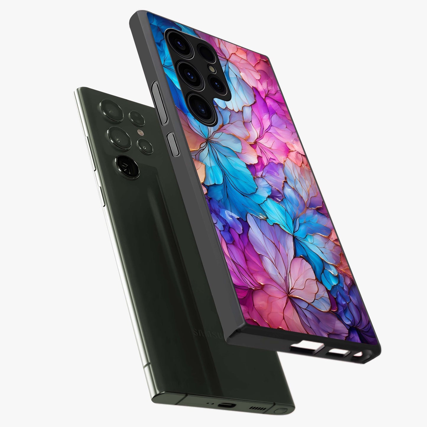 Radiant Floral Whirl Glass Case displayed in angled mockup highlighting vibrant flower pattern with dynamic artistic aesthetic.