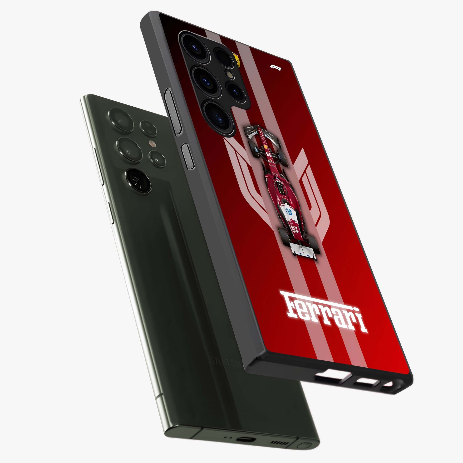 Red Ferrari F1 Vertical Glass Case displayed in angled mockup highlighting high speed racing design with bold automotive aesthetic.