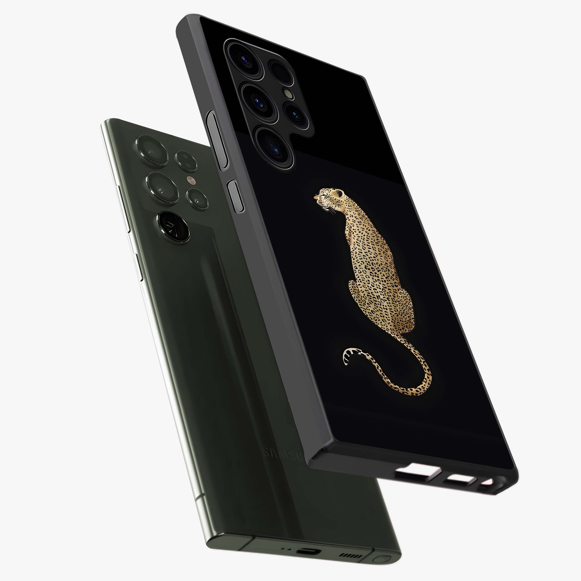 Regal Leopard Glass Case displayed in angled mockup highlighting powerful animal illustration with stylish wild aesthetic.