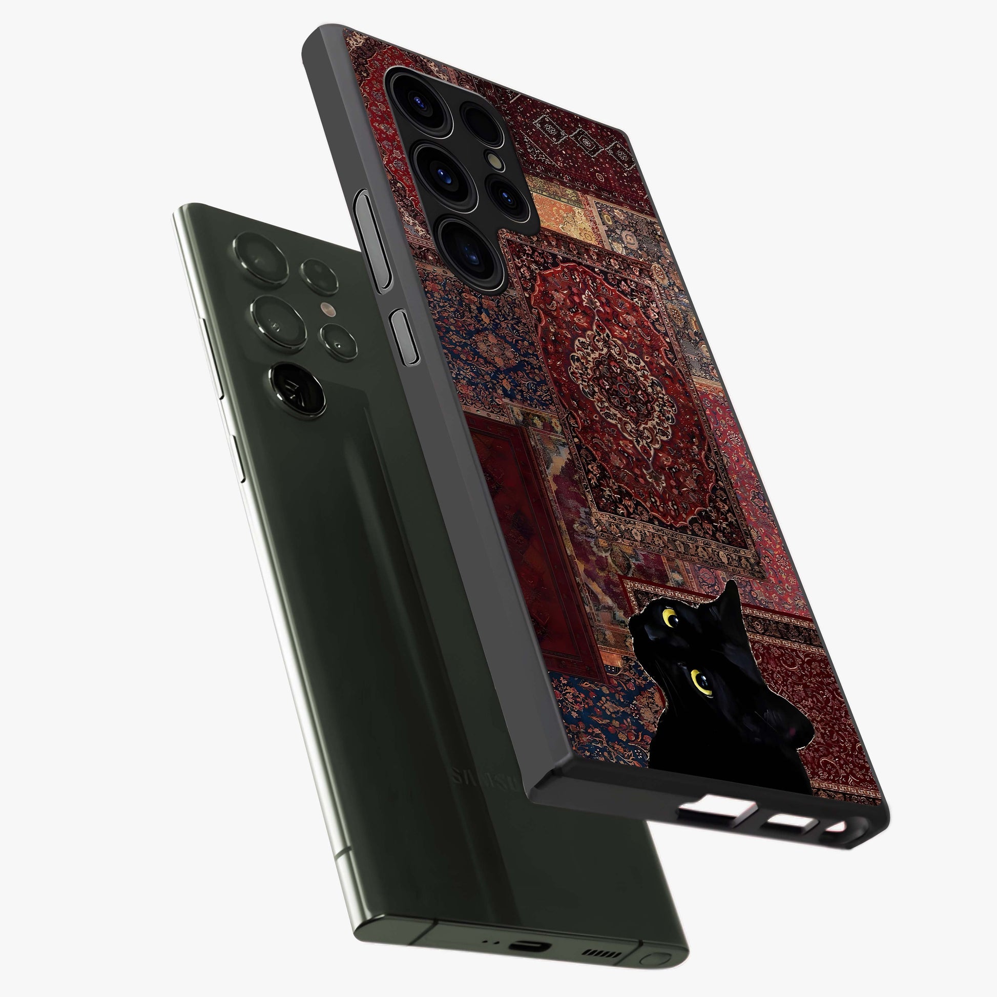 Regal Magic Cat Apple Glass Case displayed in angled mockup highlighting whimsical feline design with fantasy aesthetic.
