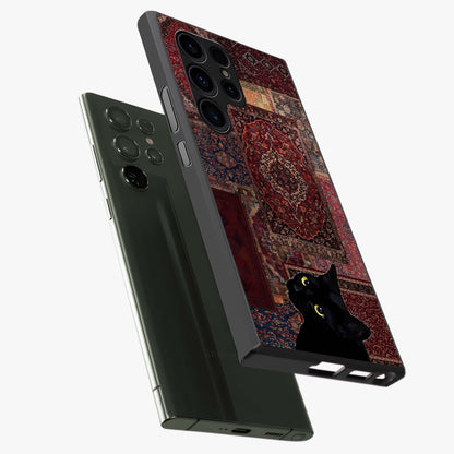 Regal Magic Cat Apple Glass Case displayed in angled mockup highlighting whimsical feline design with fantasy aesthetic.