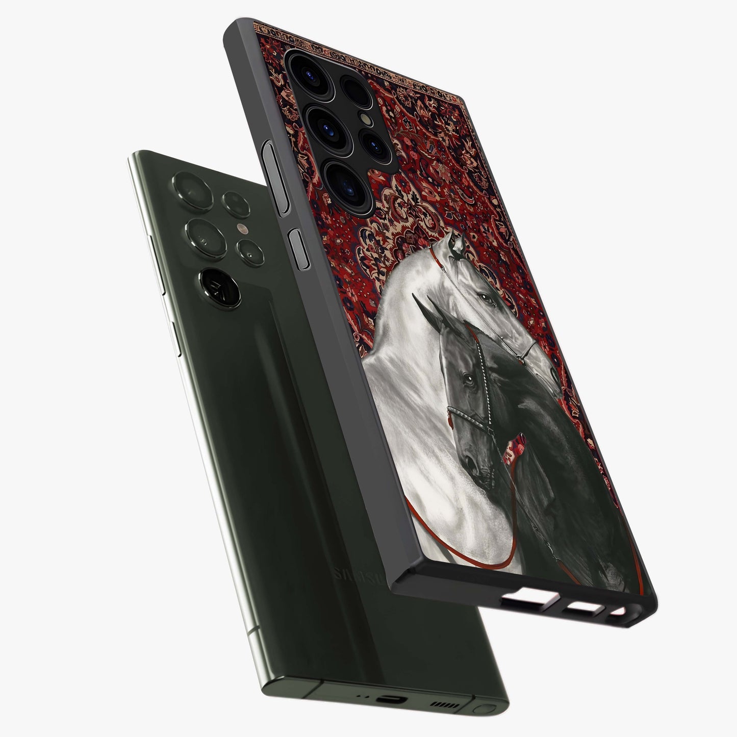 Regal Stallion Tapestry Glass Case displayed in angled mockup highlighting royal stallion design with decorative heritage aesthetic.