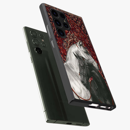 Regal Stallion Tapestry Glass Case displayed in angled mockup highlighting royal stallion design with decorative heritage aesthetic.
