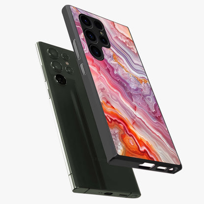 Rose Quartz Marble Glass Case displayed in angled mockup highlighting elegant marble pattern with soft aesthetic style.