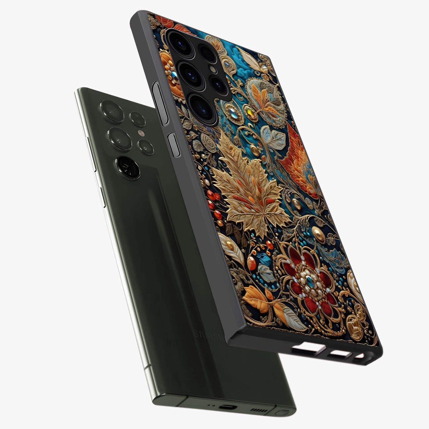 Royal Jewel Garden Glass Case displayed in angled mockup highlighting vibrant jewel inspired floral design with elegant aesthetic.