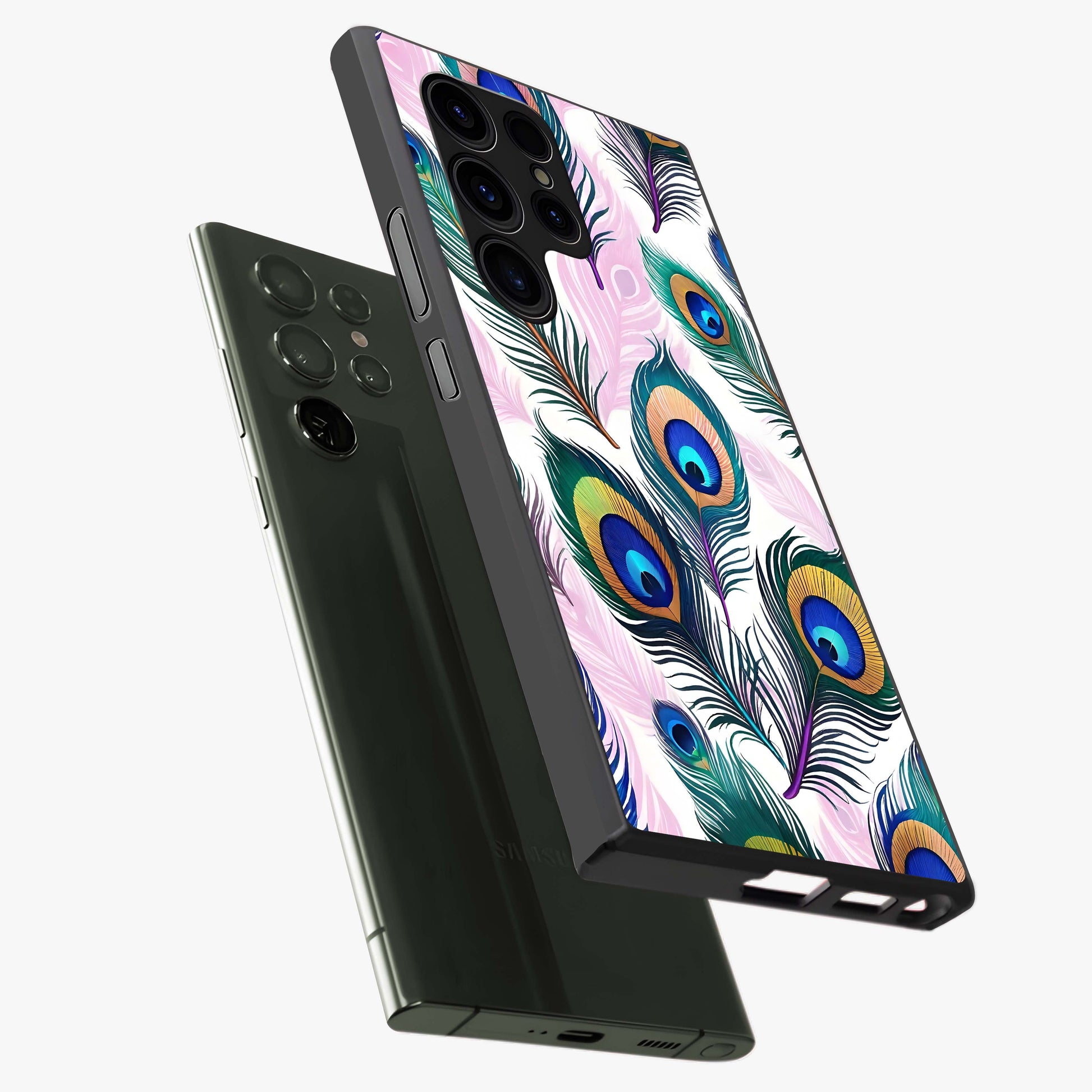 Royal Peacock Feathers Glass Case displayed in angled mockup highlighting vibrant feather pattern with regal aesthetic style.