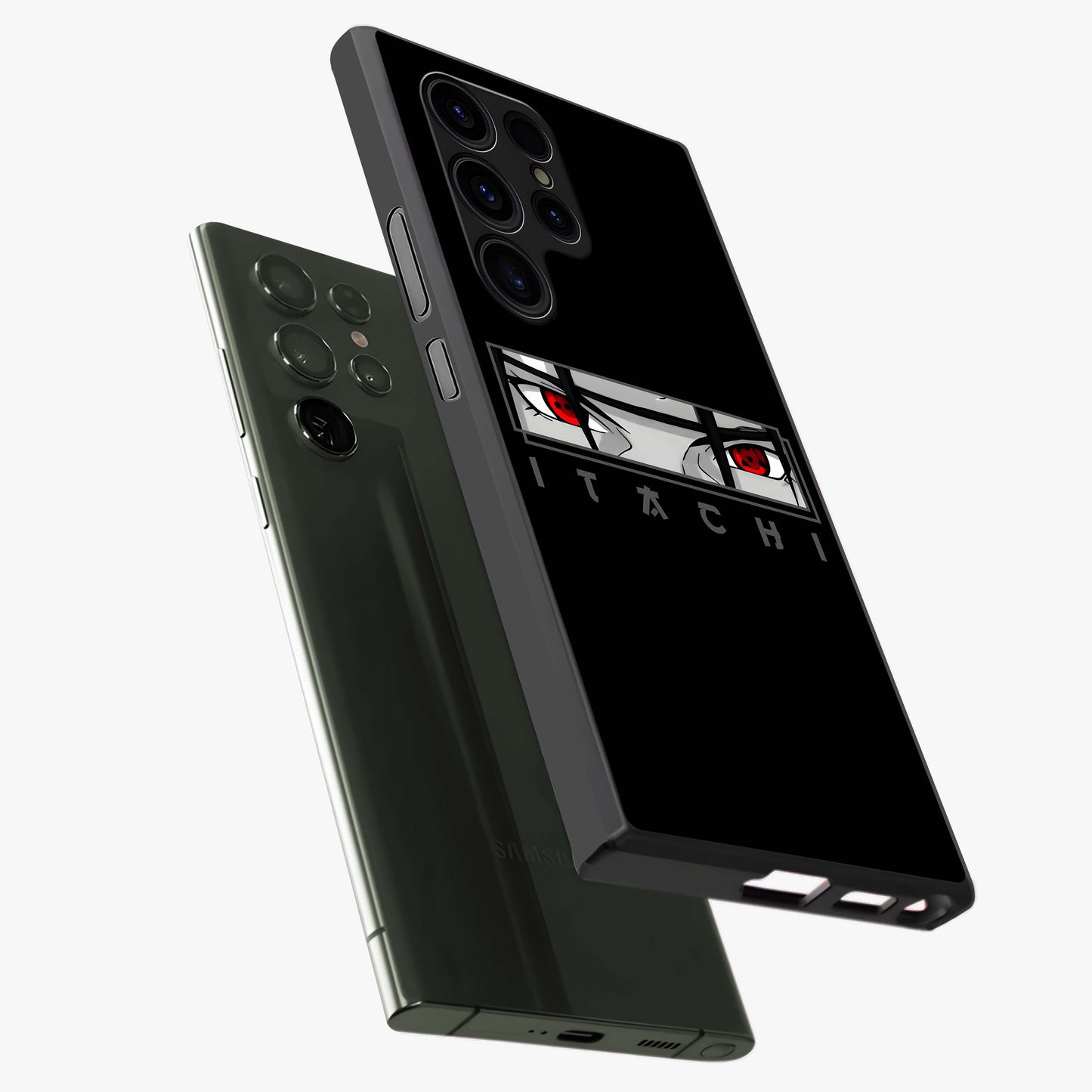 Scarlet Gaze Dominance Glass Case displayed in angled mockup highlighting intense visual design with bold scarlet aesthetic.