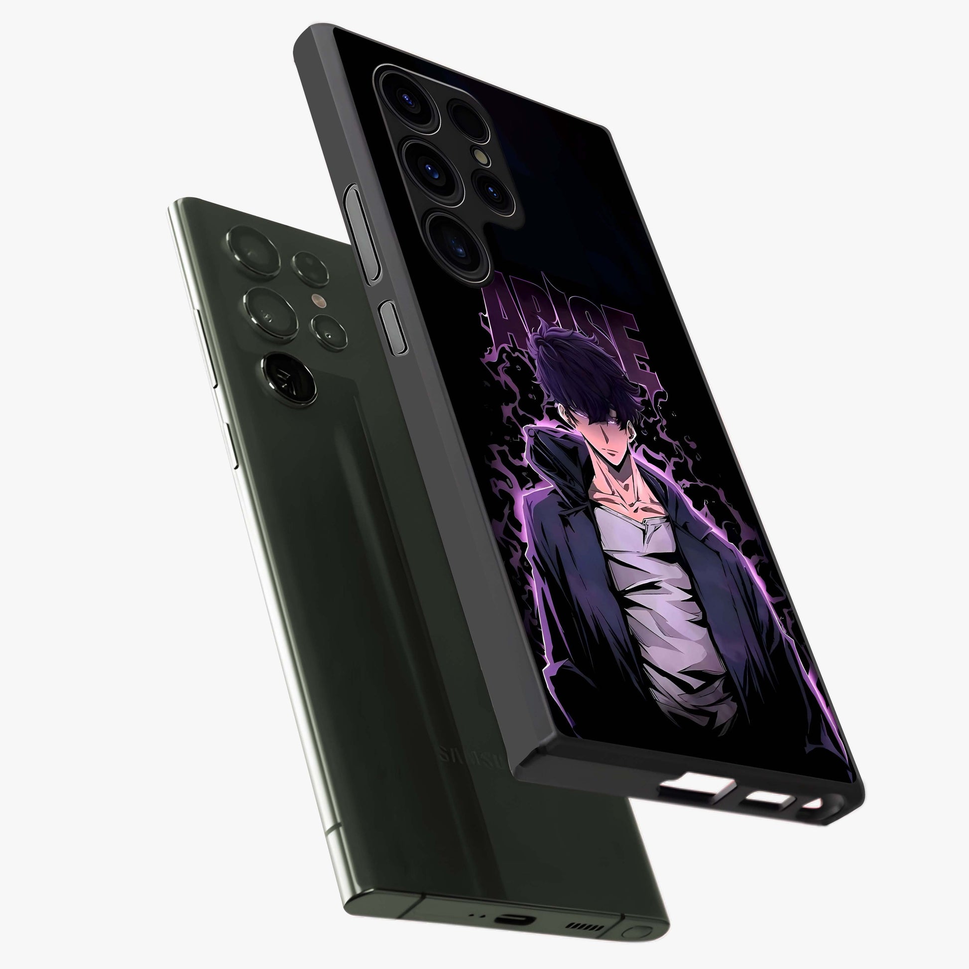 Shadow Monarch Awakening Glass Case displayed in angled mockup highlighting dramatic shadow warrior design with fantasy aesthetic.