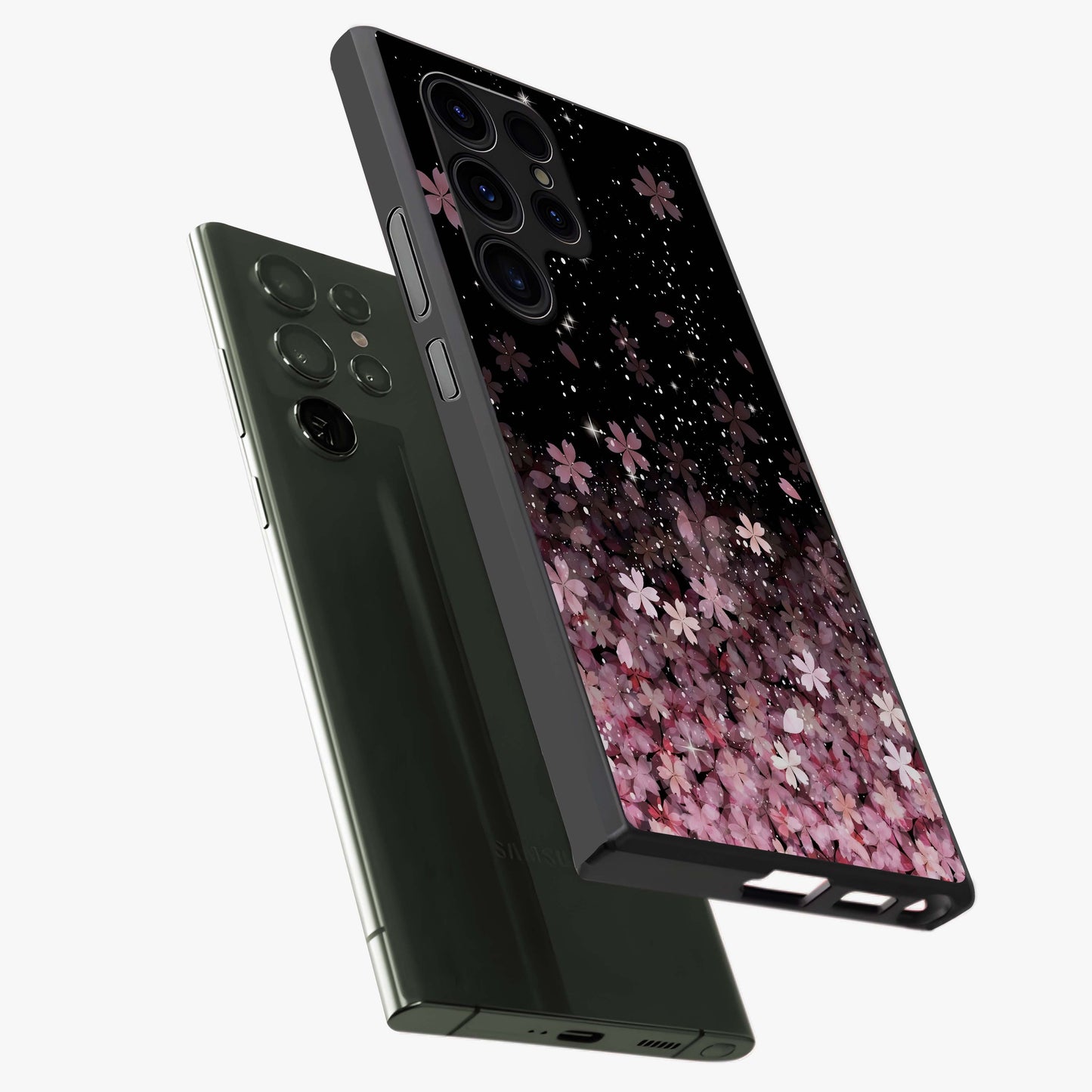 Small Starry Flowers Glass Case displayed in angled mockup highlighting tiny flower pattern with celestial aesthetic style.