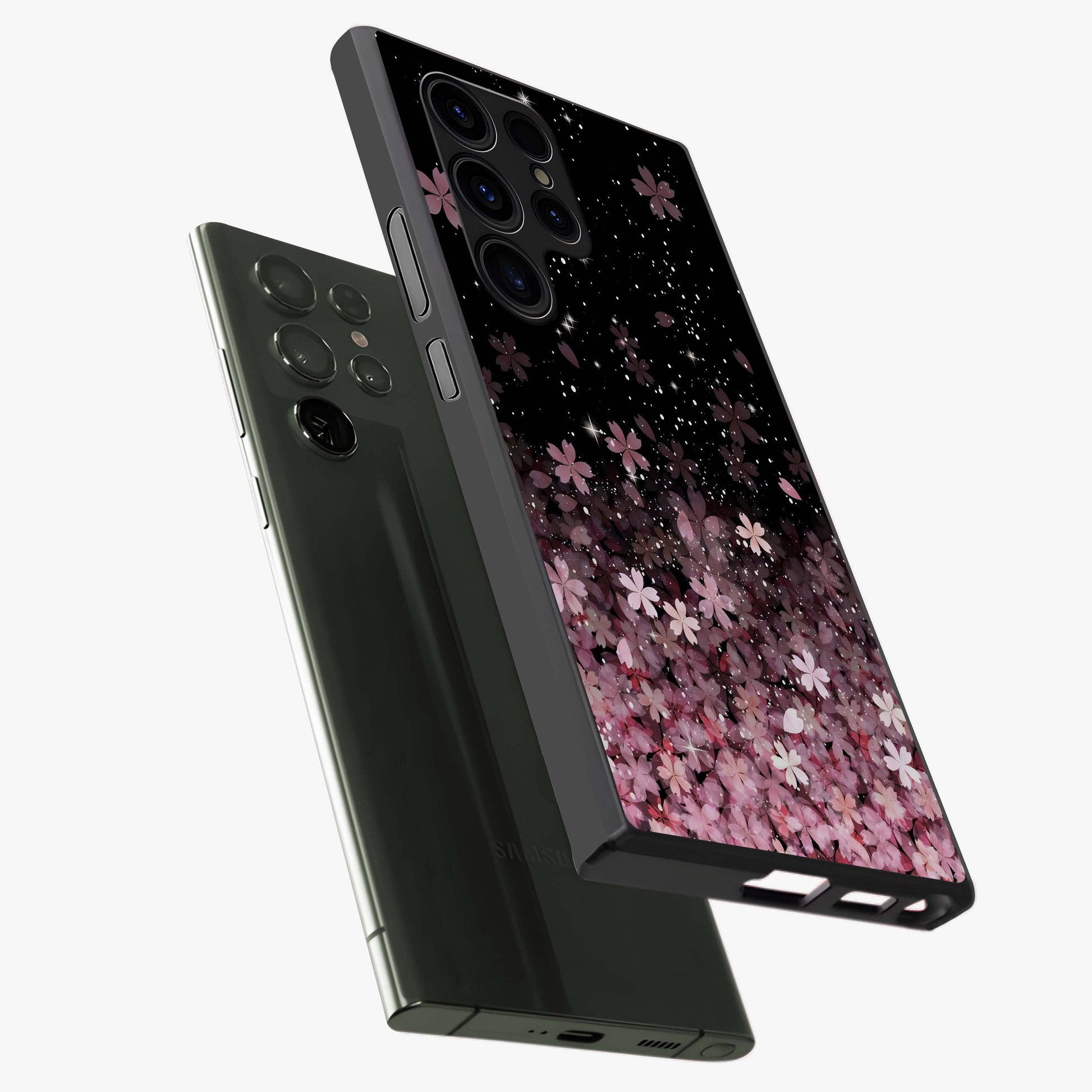 Small Starry Flowers Glass Case displayed in angled mockup highlighting tiny flower pattern with celestial aesthetic style.