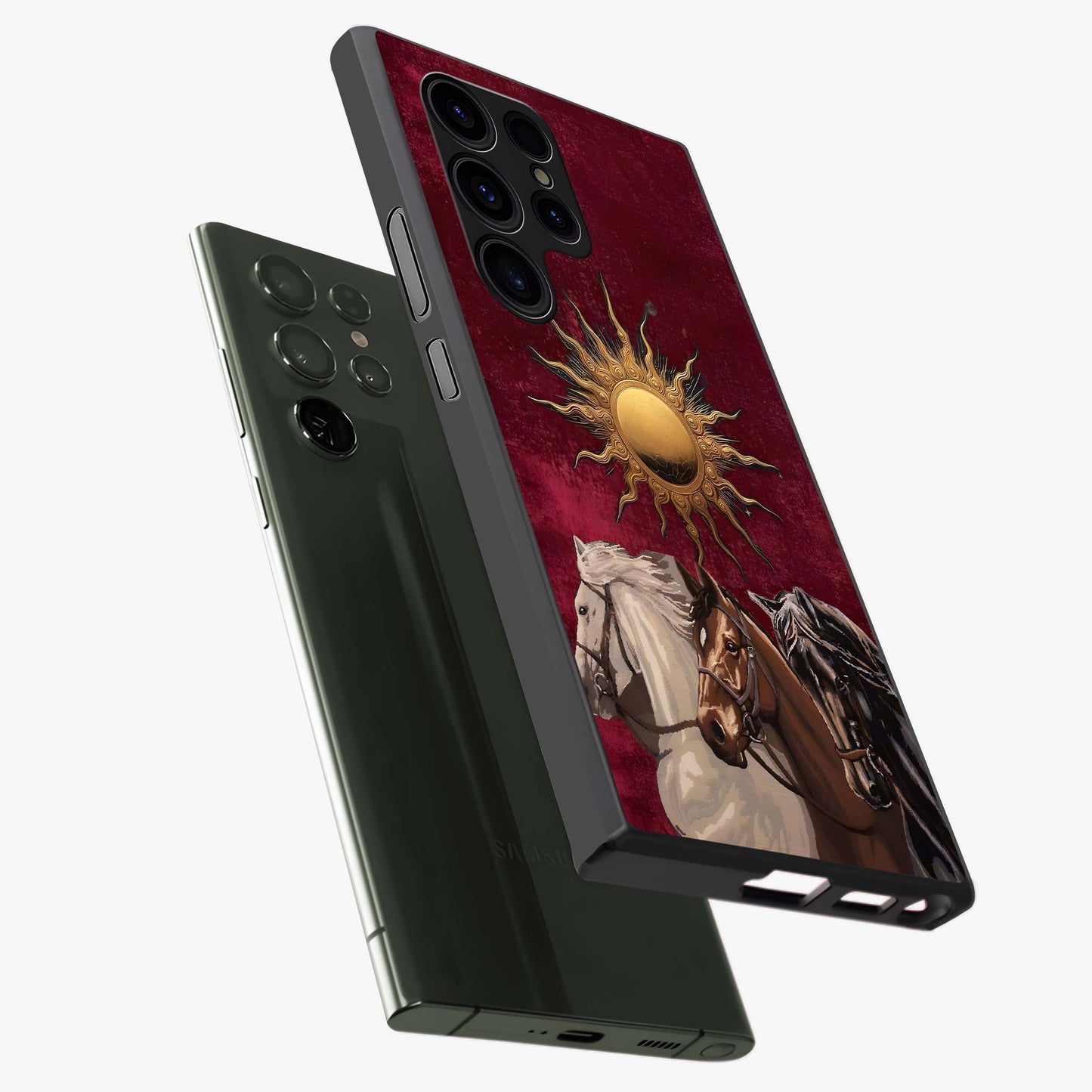 Solar Riders Glass Case displayed in angled mockup highlighting powerful rider illustration with radiant solar aesthetic.