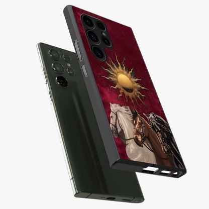 Solar Riders Glass Case displayed in angled mockup highlighting powerful rider illustration with radiant solar aesthetic.