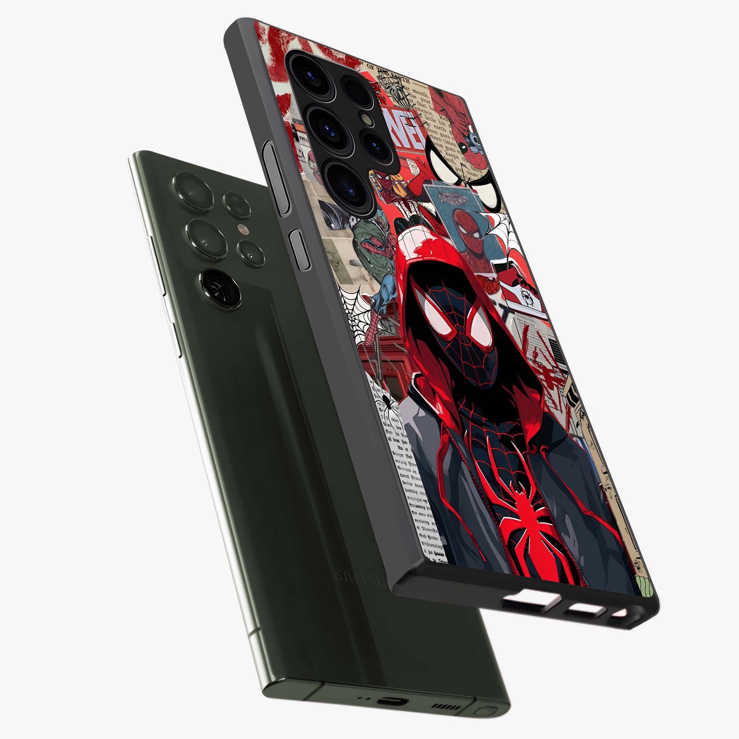 Spider Collage Street Glass Case displayed in angled mockup highlighting dynamic street style collage design with comic aesthetic.