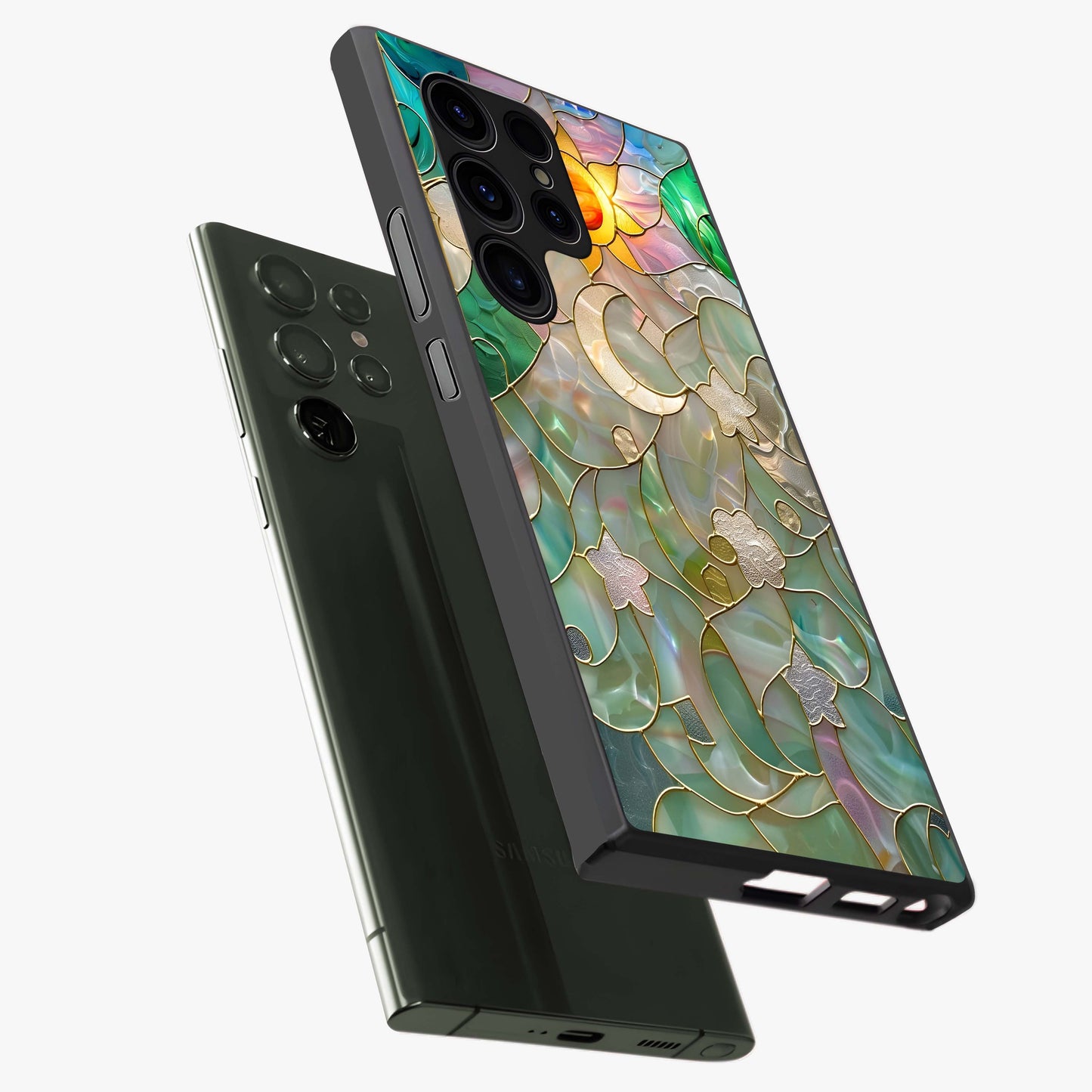 Stained Sunrise Glow Glass Case displayed in angled mockup highlighting radiant sunrise design with artistic aesthetic style.