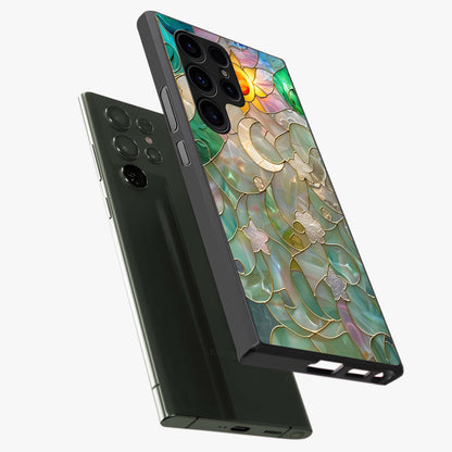Stained Sunrise Glow Glass Case displayed in angled mockup highlighting radiant sunrise design with artistic aesthetic style.