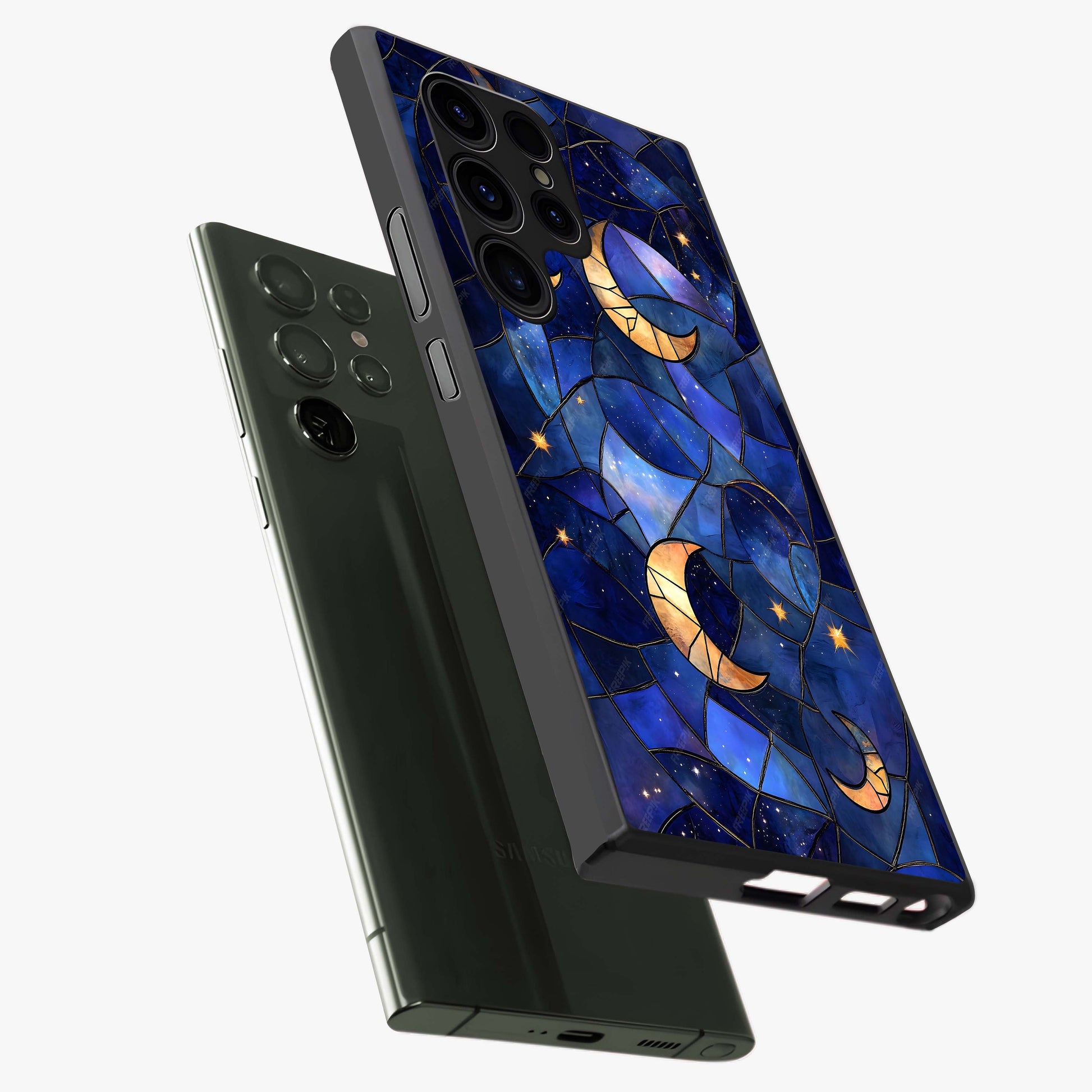 Starlit Sky Tapestry Glass Case displayed in angled mockup highlighting celestial night pattern with artistic aesthetic style.