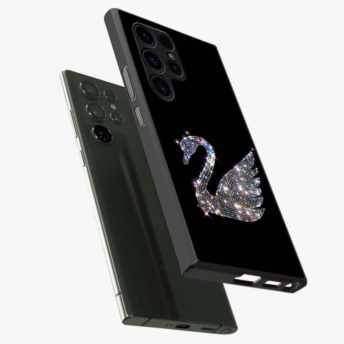 Starlit Swan Grace Glass Case displayed in angled mockup highlighting elegant swan illustration with dreamy celestial aesthetic.