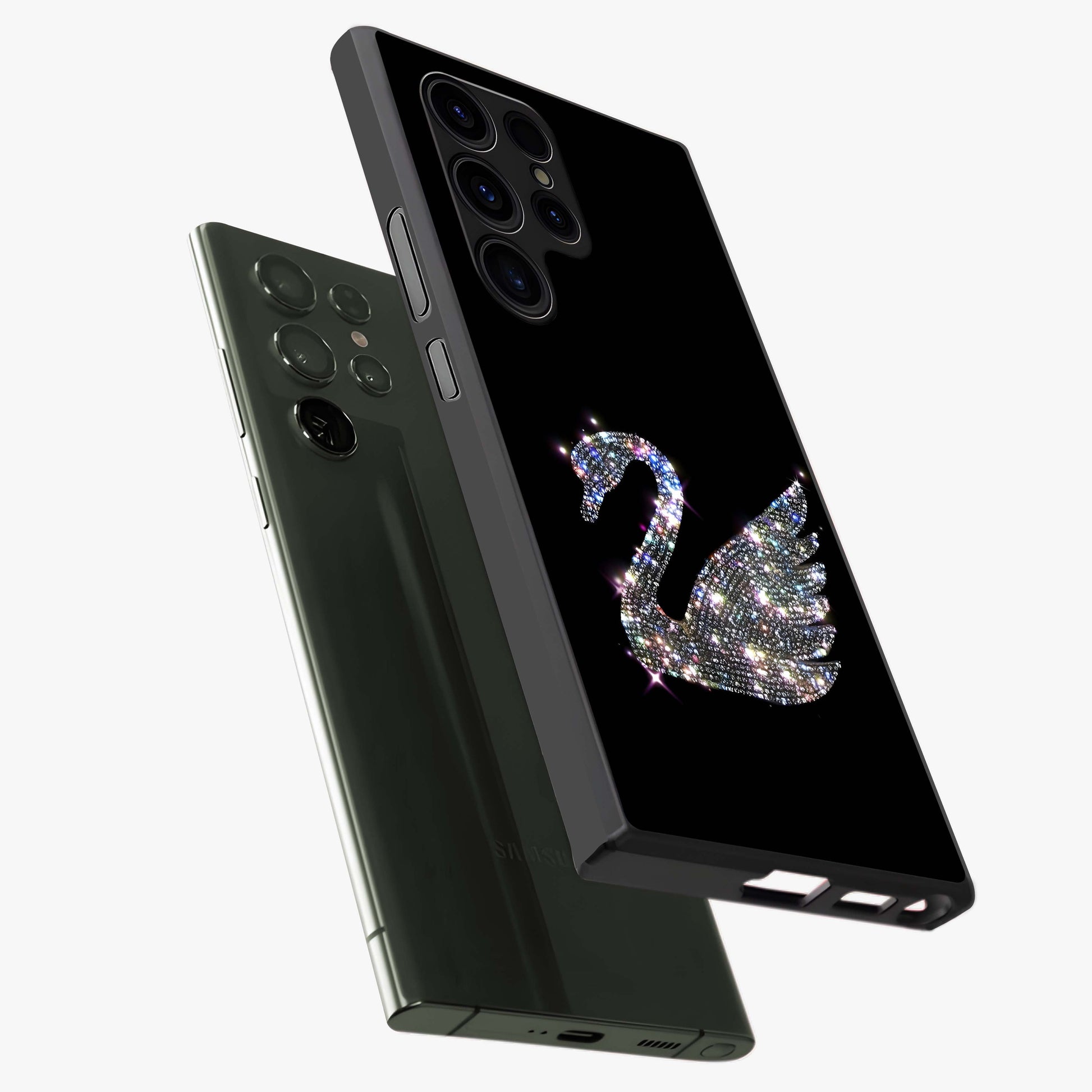 Starlit Swan Grace Glass Case displayed in angled mockup highlighting elegant swan illustration with dreamy celestial aesthetic.