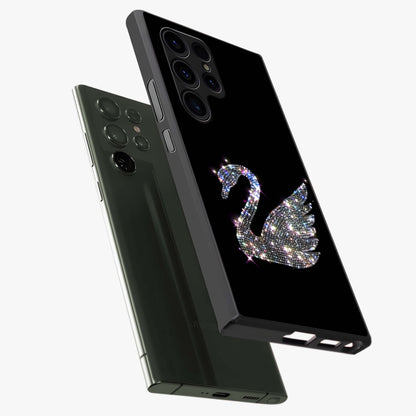 Starlit Swan Grace Glass Case displayed in angled mockup highlighting elegant swan illustration with dreamy celestial aesthetic.