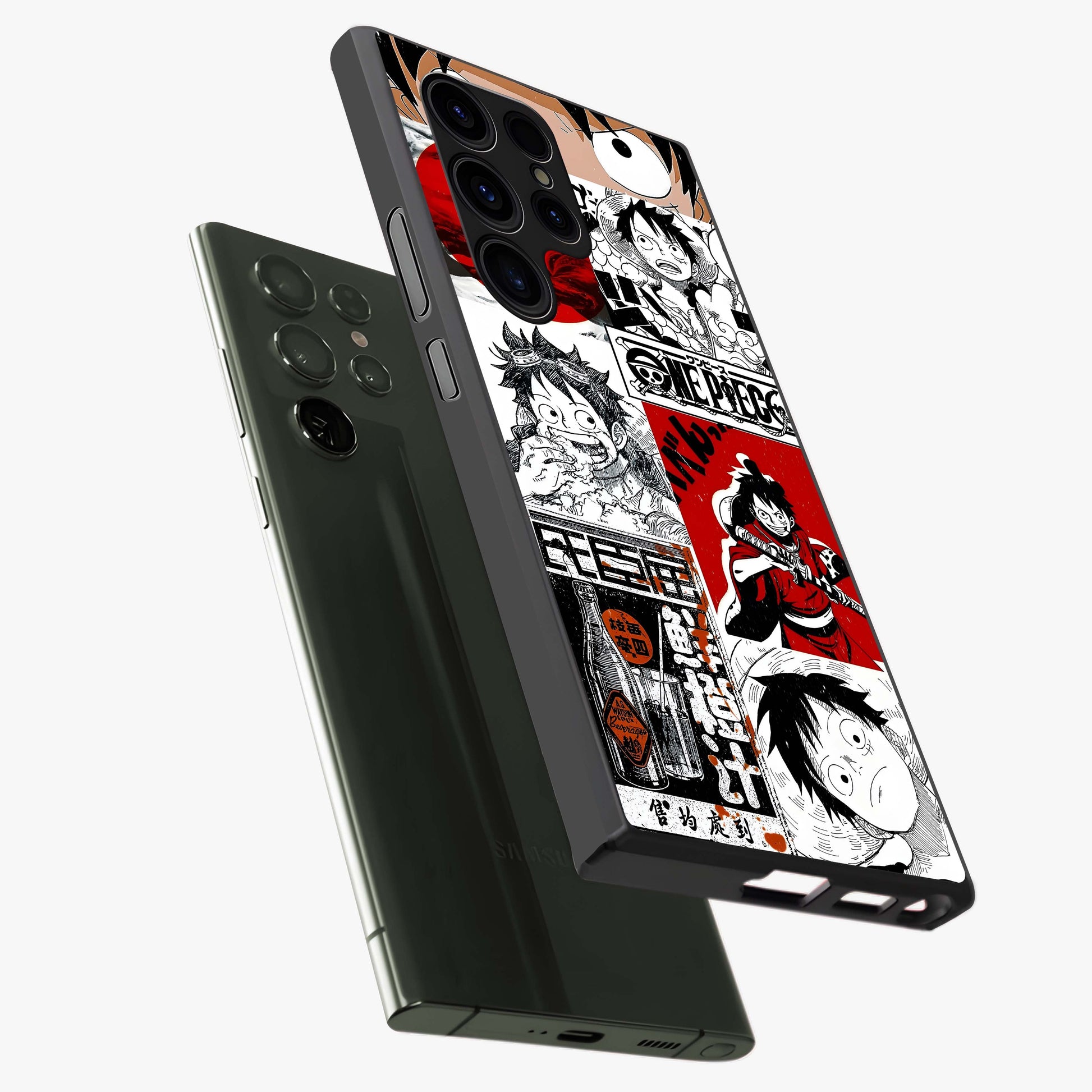 Strawhat Chaos Panels Glass Case displayed in angled mockup highlighting vibrant anime collage design with action aesthetic.