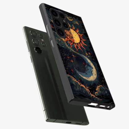Sun And Moon Magic Design Glass Case displayed in angled mockup highlighting celestial design with magical cosmic aesthetic.
