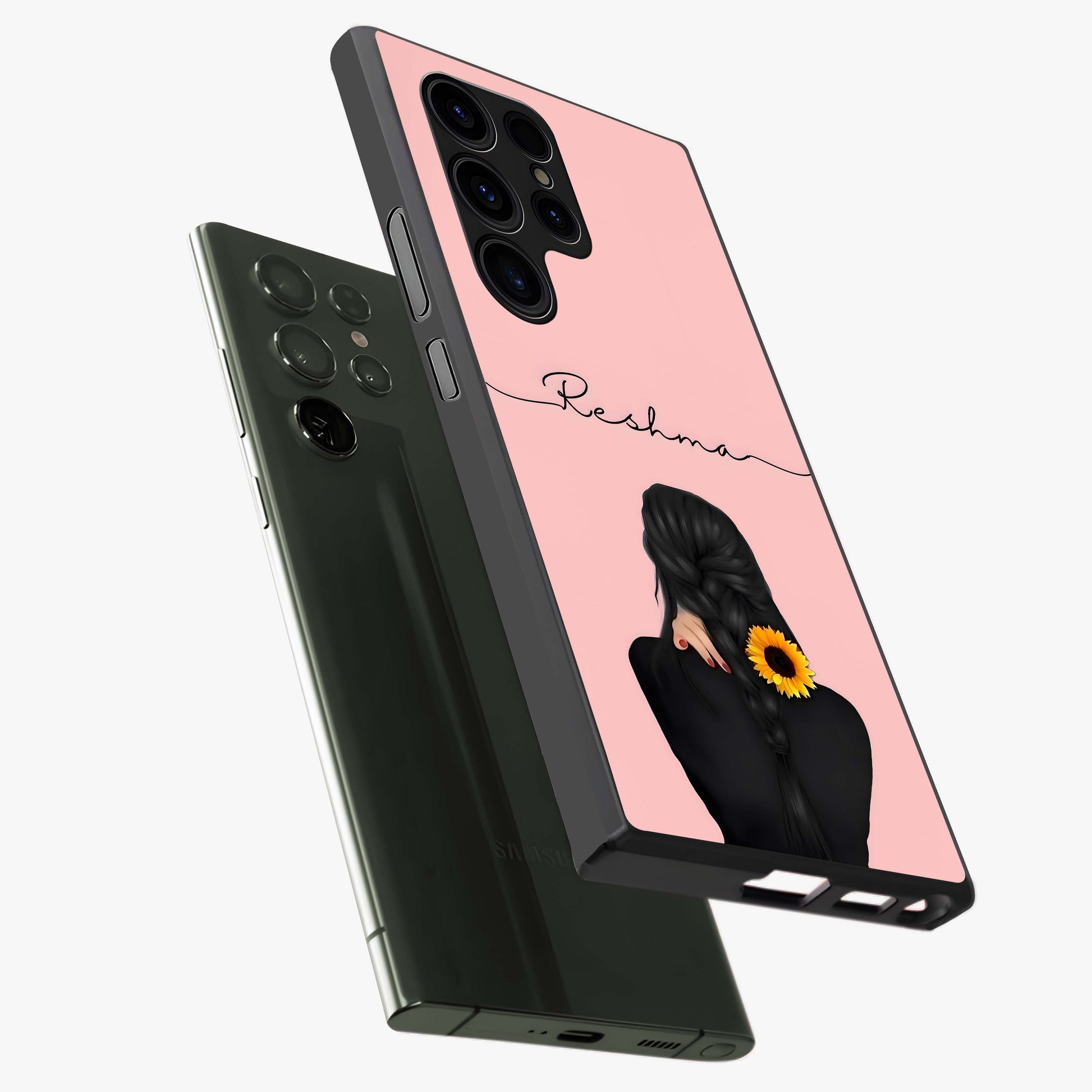 Sunflower Braid Beauty With Custom Name Glass Case displayed in angled mockup highlighting elegant sunflower design with custom name feature.