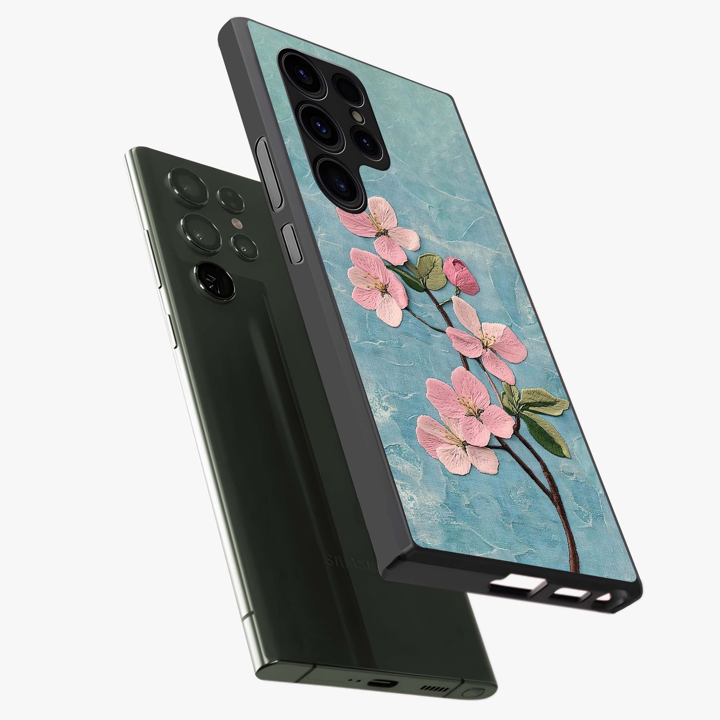 Threaded Blossom Breeze Glass Case displayed in angled mockup highlighting elegant floral design with soft aesthetic style.