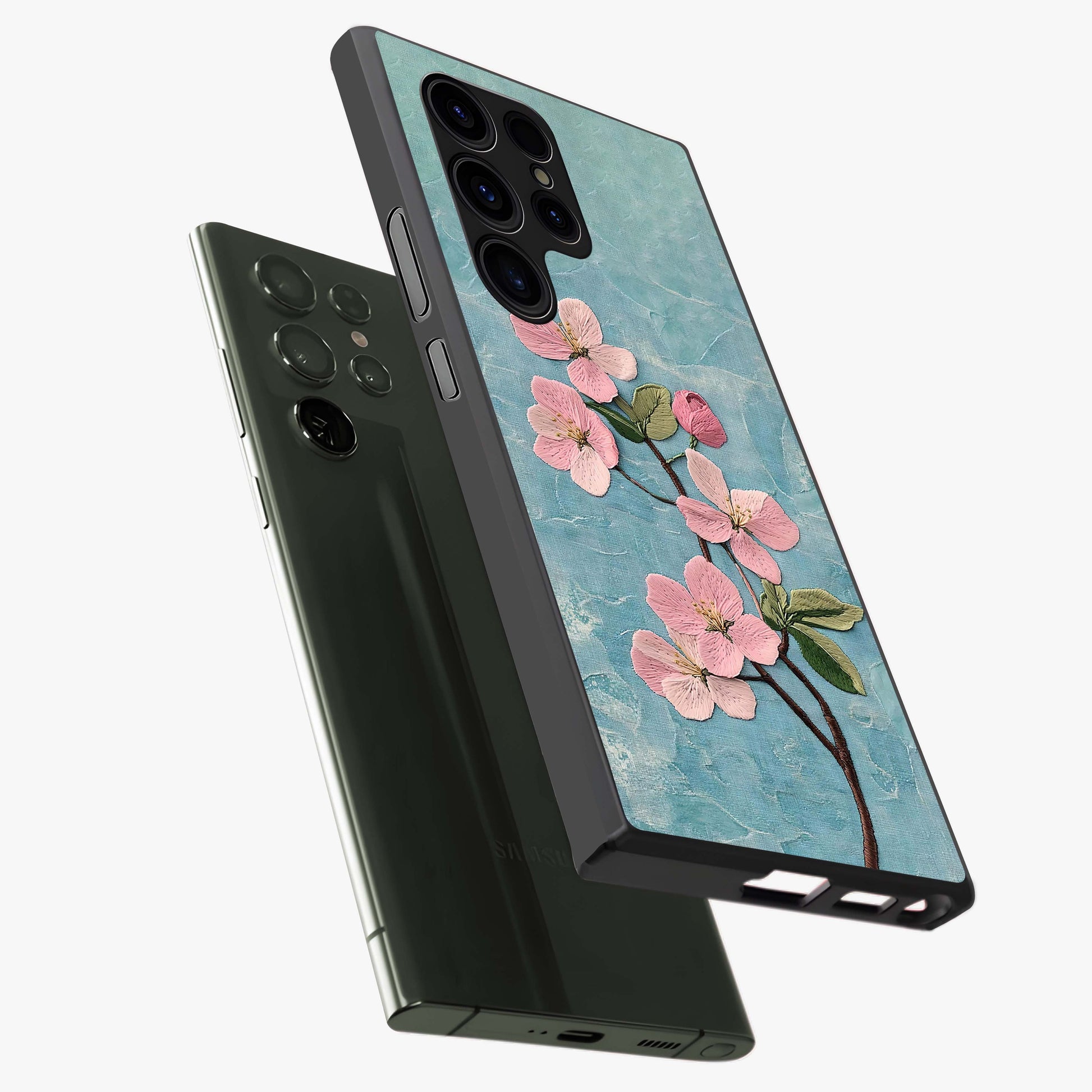 Threaded Blossom Breeze Glass Case displayed in angled mockup highlighting elegant floral design with soft aesthetic style.