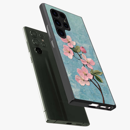 Threaded Blossom Breeze Glass Case displayed in angled mockup highlighting elegant floral design with soft aesthetic style.