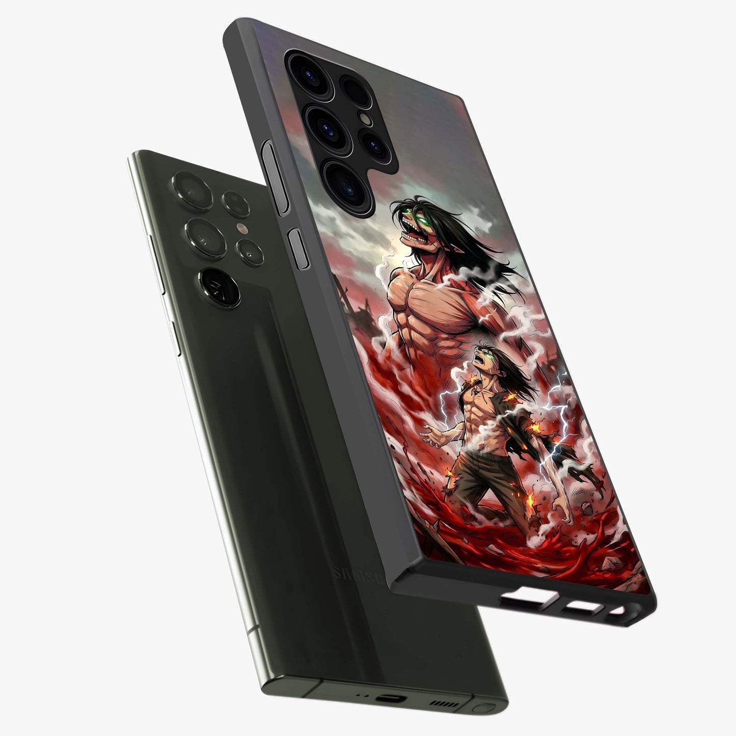 Titan Awakening Fury Glass Case displayed in angled mockup highlighting dramatic giant warrior design with bold anime aesthetic.