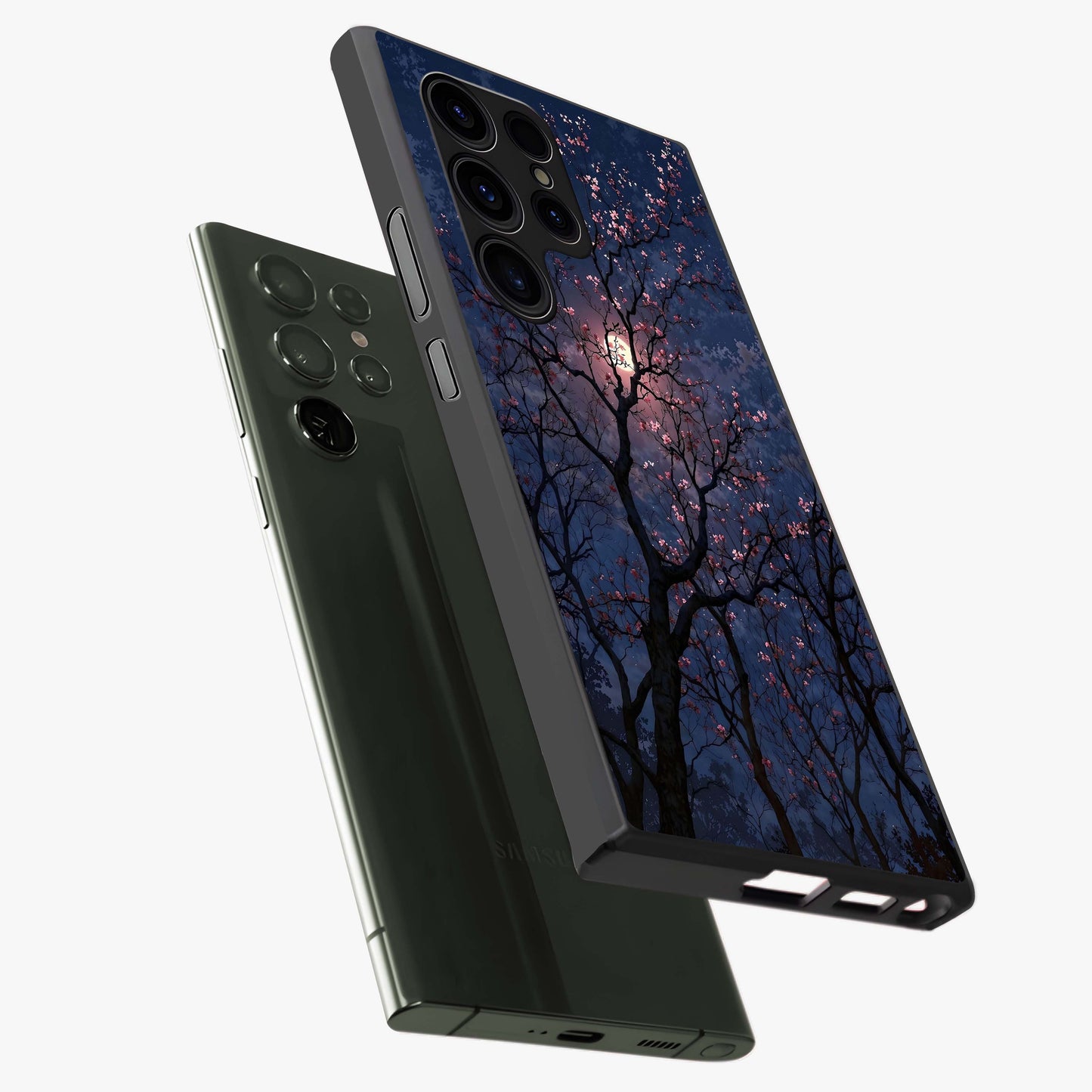 Twilight Sakura Serenade Glass Case displayed in angled mockup highlighting delicate sakura flower design with dreamy aesthetic.