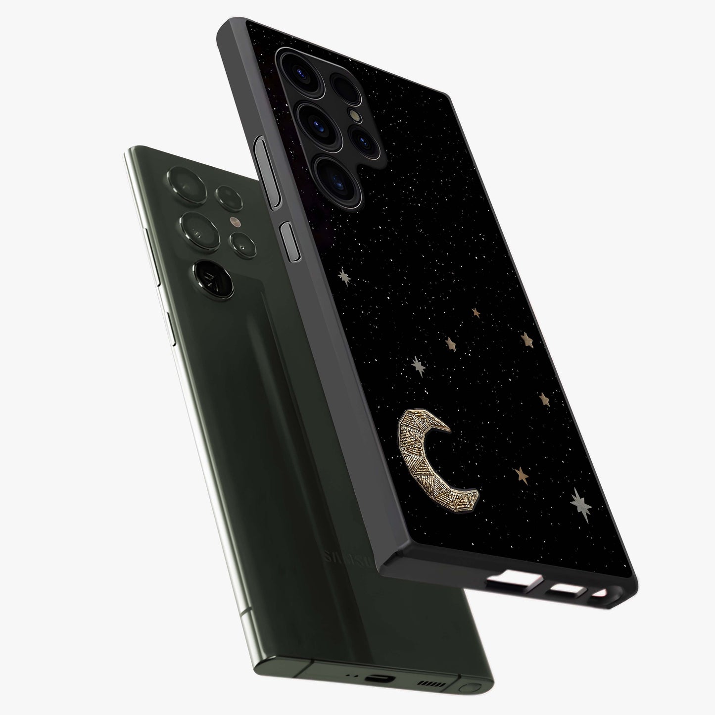 Twinkle Star With Half Moon Glass Case displayed in angled mockup highlighting celestial moon and star design with magical aesthetic.