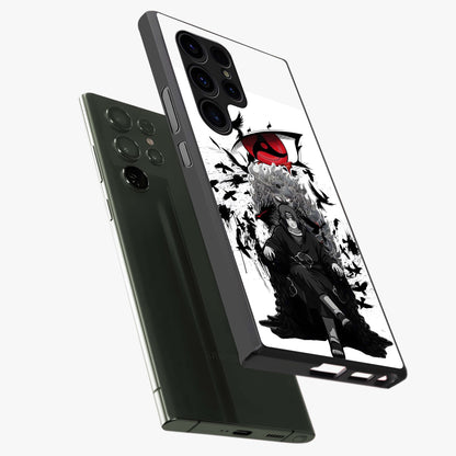 Uchiha Shadow Throne Glass Case displayed in angled mockup highlighting glowing aquatic design with celestial aesthetic.