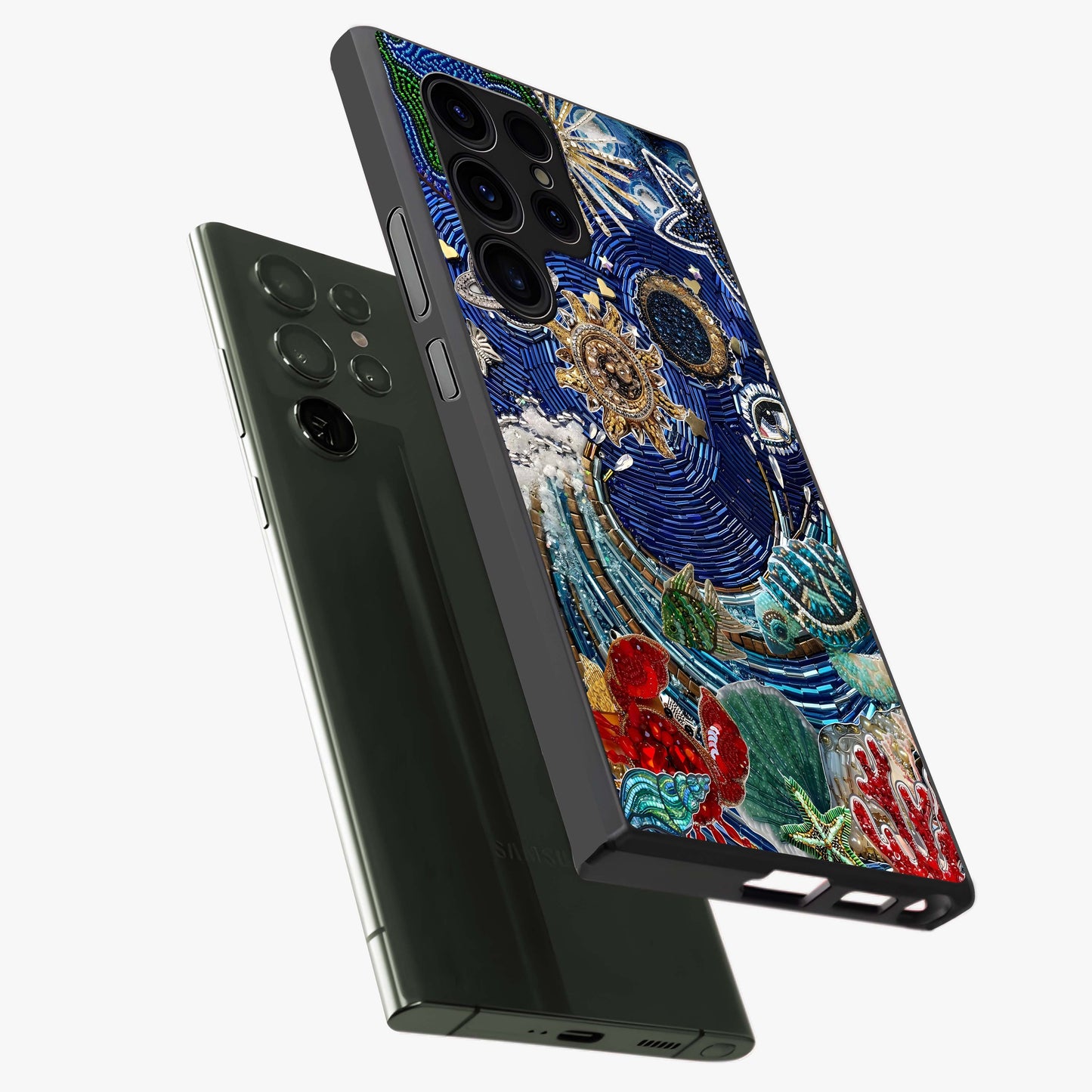 Universe Underwater Spark Glass Case displayed in angled mockup highlighting glowing aquatic design with celestial aesthetic.