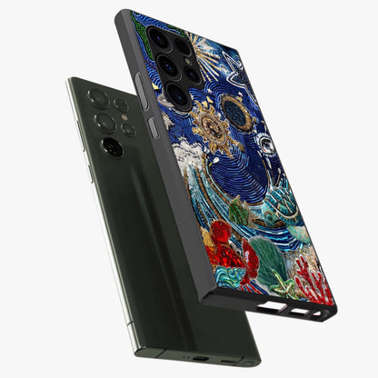 Universe Underwater Spark Glass Case displayed in angled mockup highlighting glowing aquatic design with celestial aesthetic.