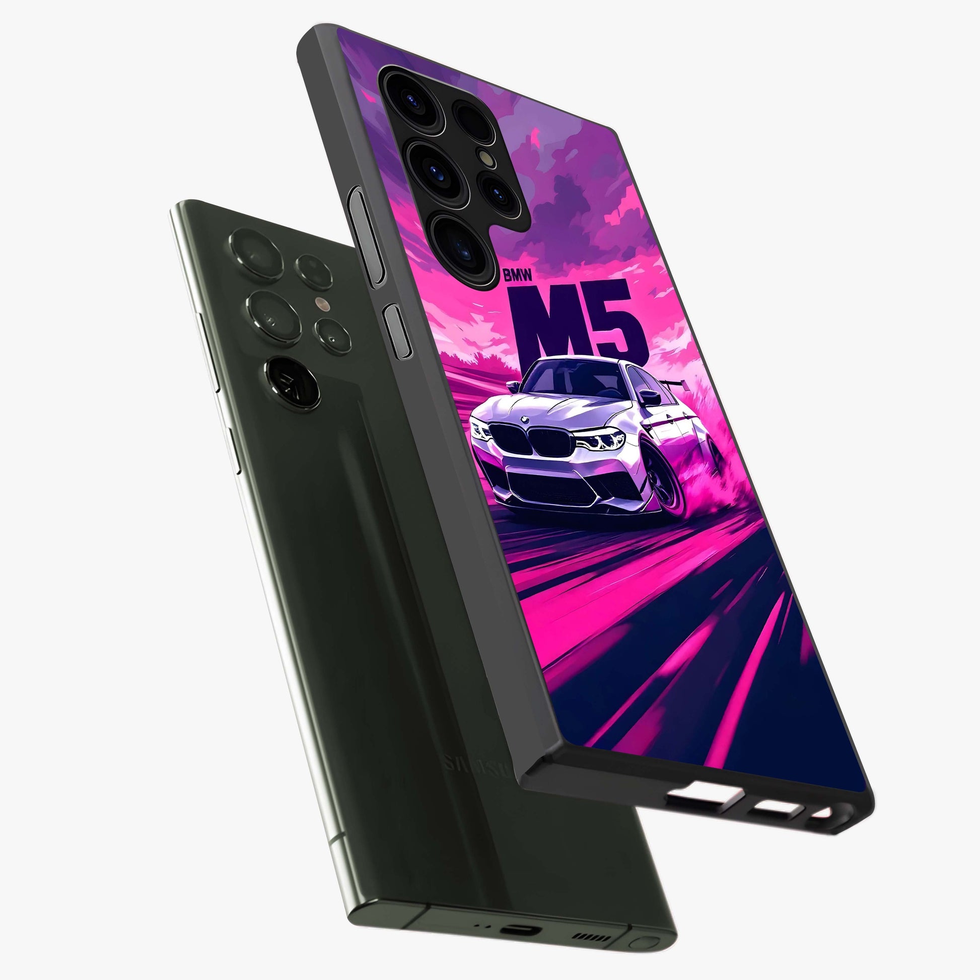 Velocity Drift Pulse Glass Case displayed in angled mockup highlighting dynamic drift design with sporty automotive aesthetic.