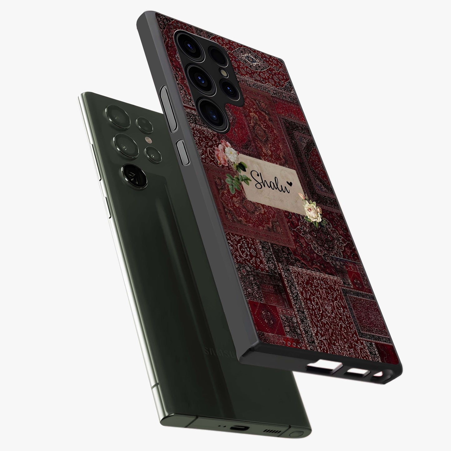 Velvet Wine Pattern Custom Name Glass Case displayed in angled mockup highlighting decorative velvet inspired design with custom name feature.