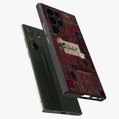 Velvet Wine Pattern Custom Name Glass Case displayed in angled mockup highlighting decorative velvet inspired design with custom name feature.