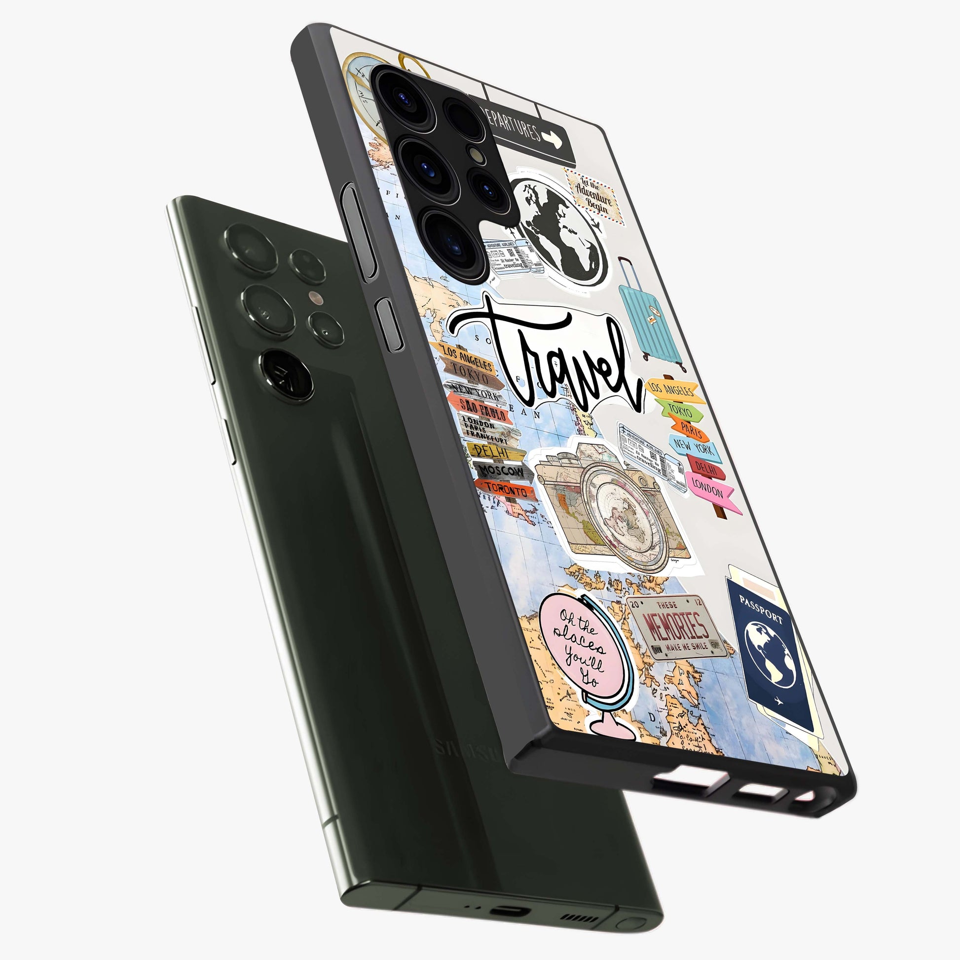 Wanderlust Journal Glass Case displayed in angled mockup highlighting adventure themed design with aesthetic travel vibe.