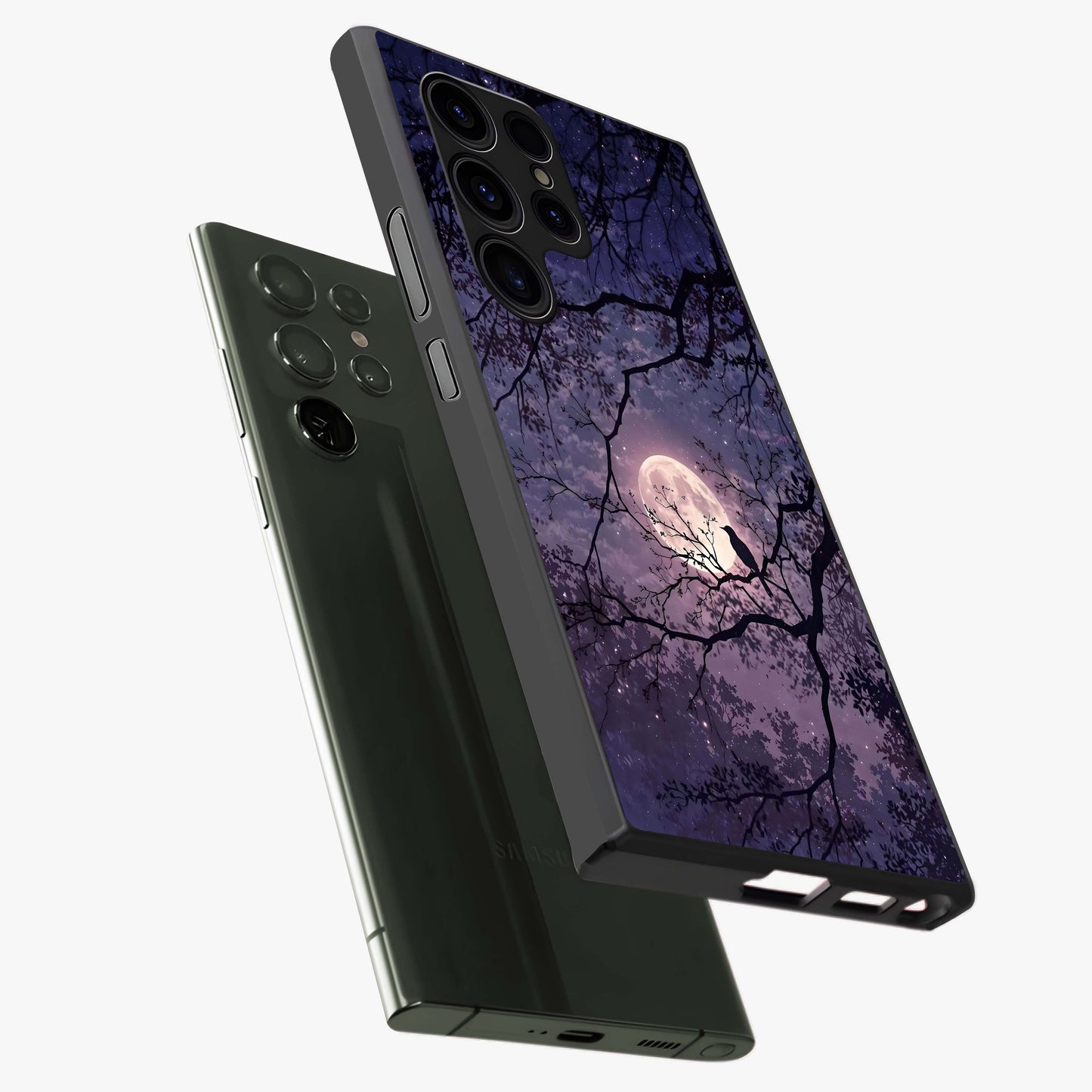 Whispering Moon Silence Glass Case displayed in angled mockup highlighting calm lunar design with dreamy night aesthetic.