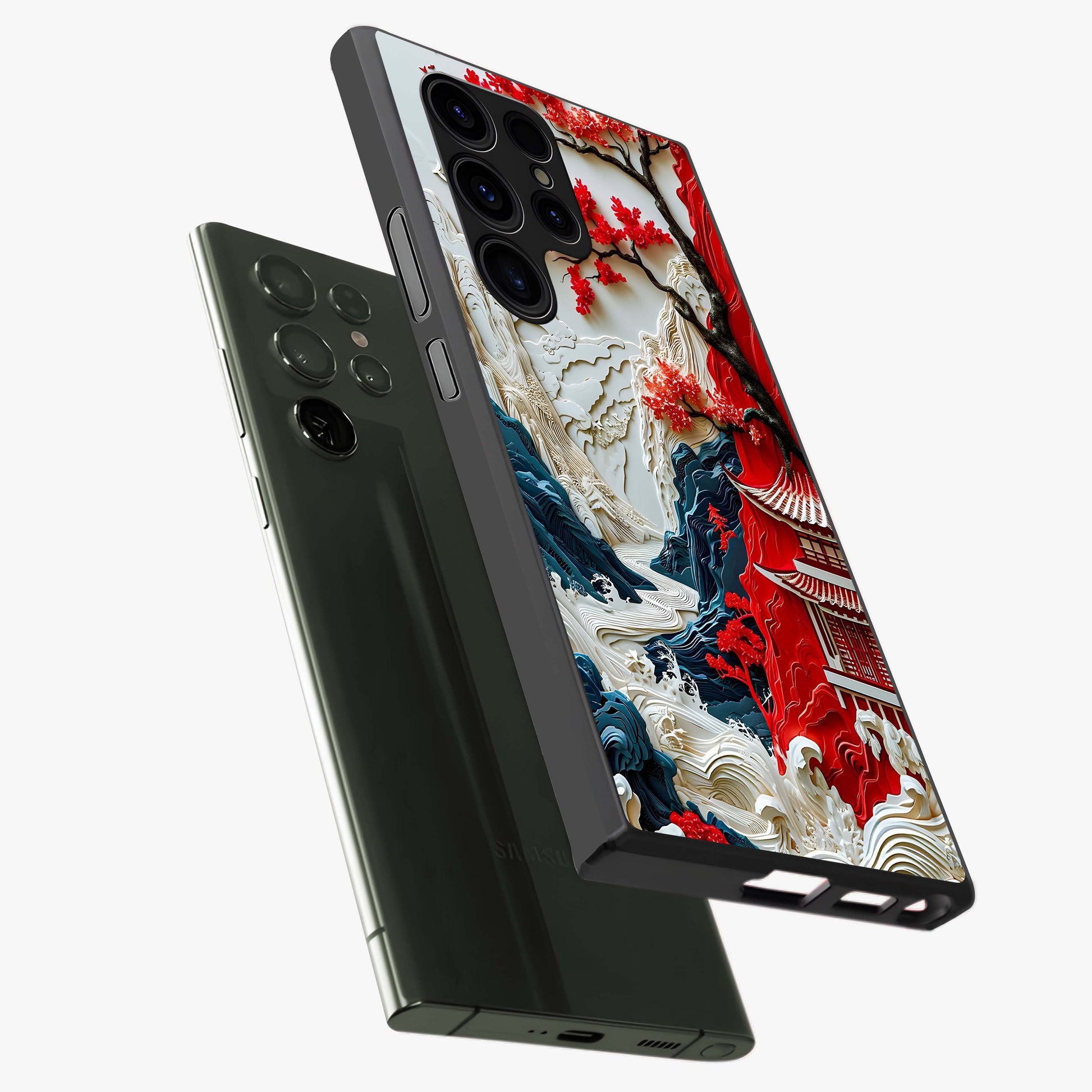 Whispers Of Sakura Waves Glass Case displayed in angled mockup highlighting flowing sakura design with soft floral aesthetic.