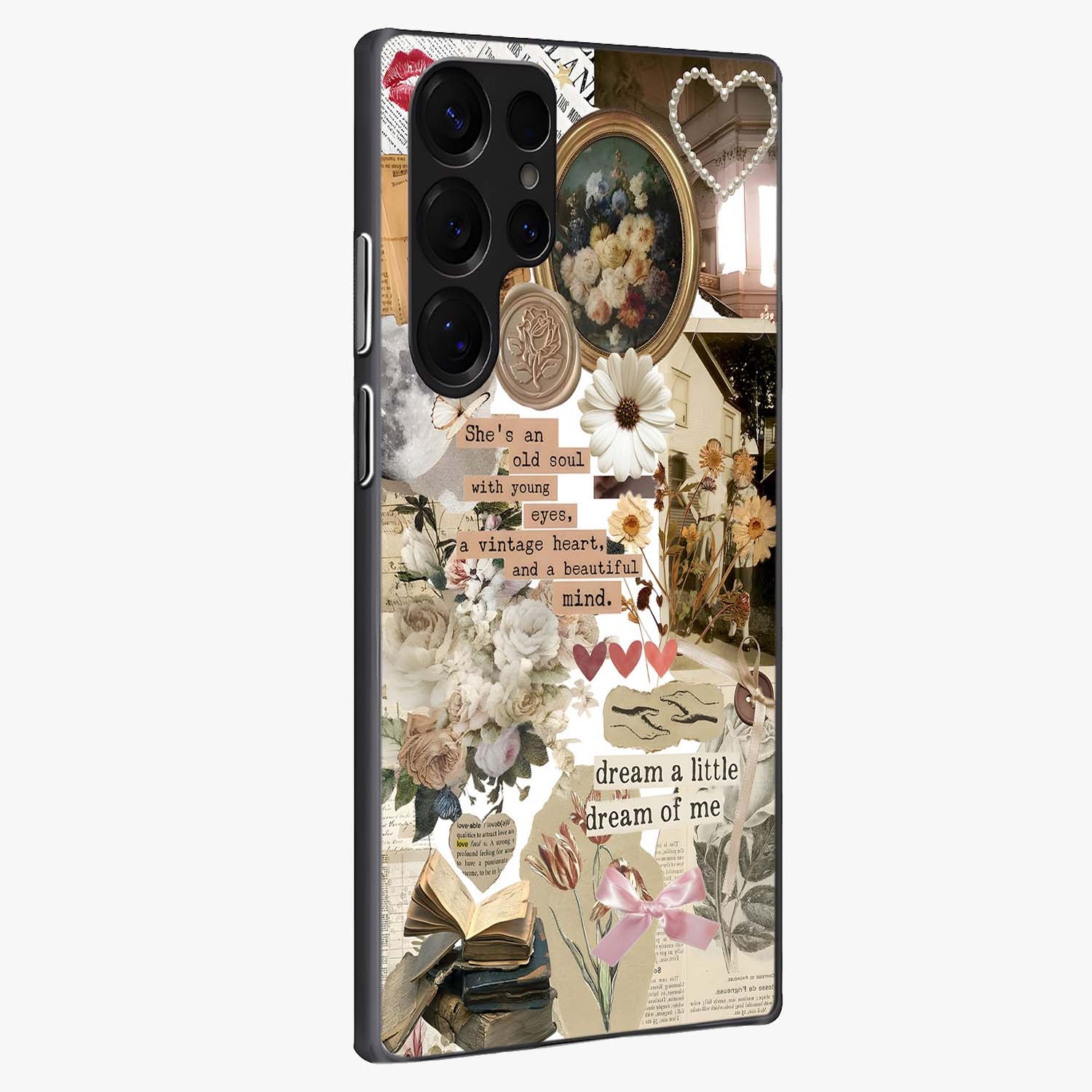 Aesthetic Brown Vintage Collage Glass Case upright view showcasing nostalgic retro artwork with stylish vintage theme.